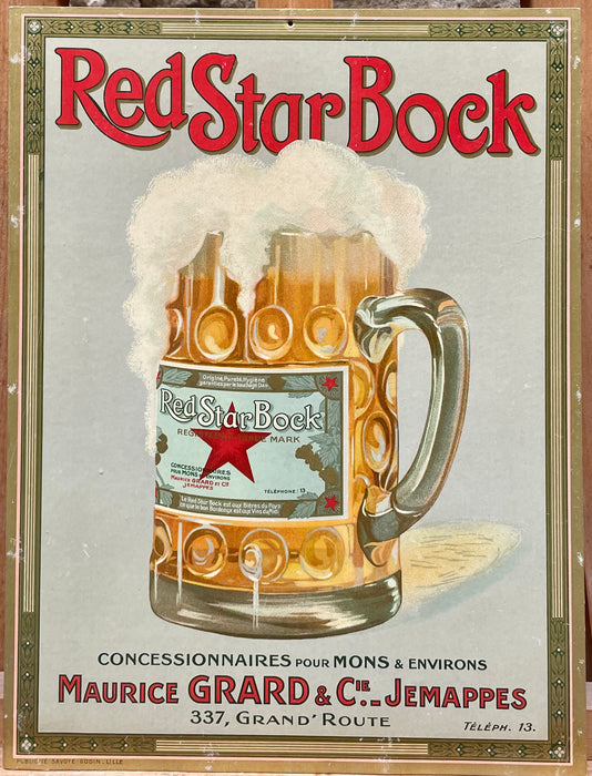 Insegna Red Star Bock Biere birra cartonata Savoye Godin Lille Francia 1940 Ca