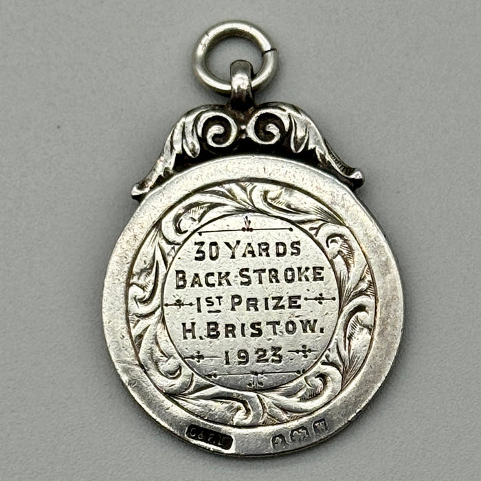 Medaglia da orologio argento sterling Watch Fob Back Stroke nuoto dorso 1923