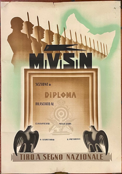 Manifesto Diploma MVSN Tiro a Segno Nazionale ill. Borghi 1930 ca