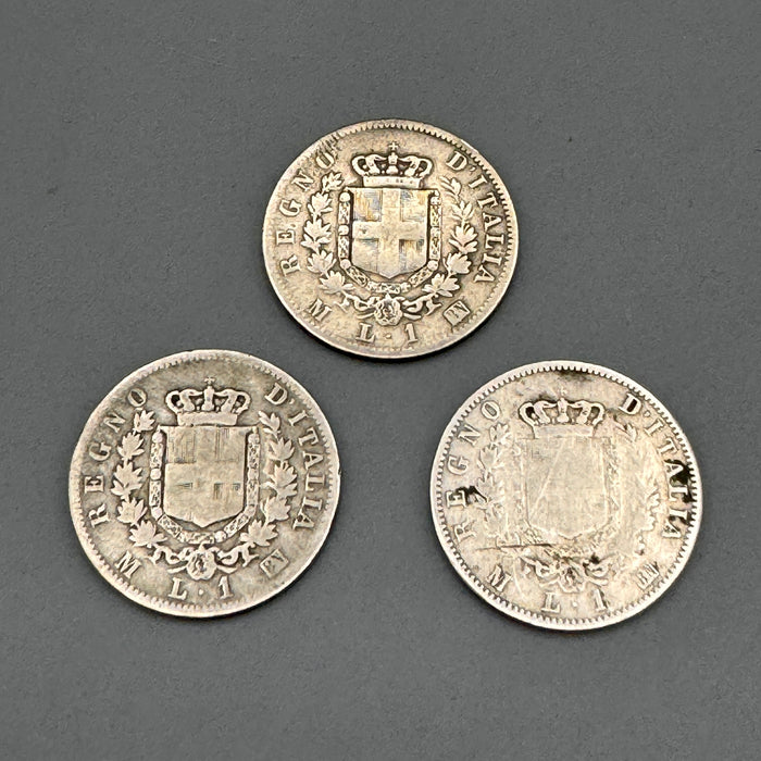 Lotto 3 monete 1 Lira argento Vittorio Emanuele II 1863