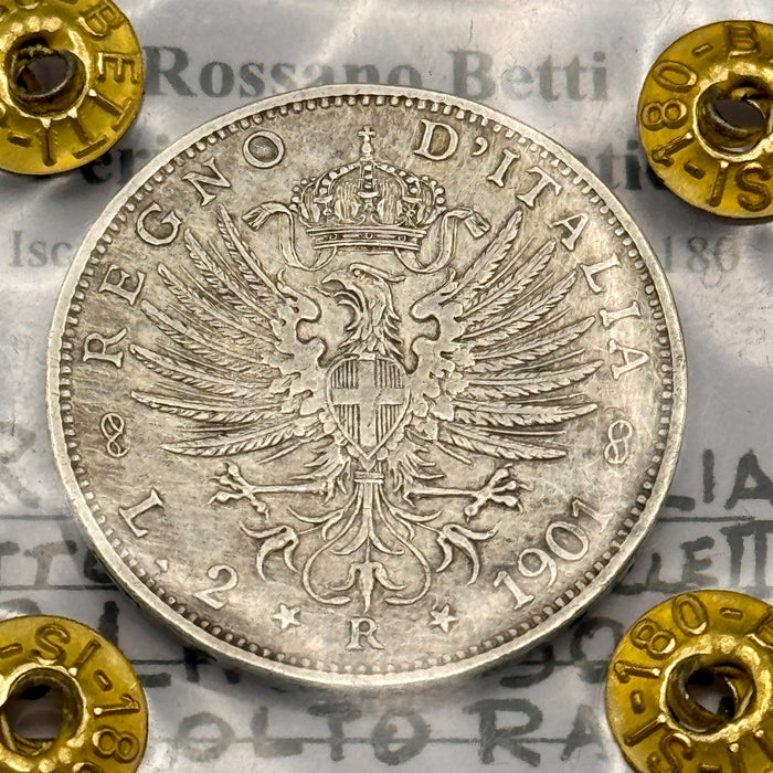 Moneta 2 Lire argento Regno d'Italia Vittorio Emanuele III periziata BB+ 1901