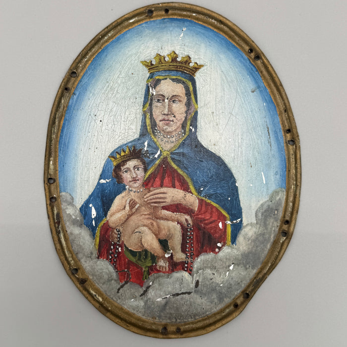 Placca religiosa Madonna con Bambino in latta dipinta fine XIX sec.