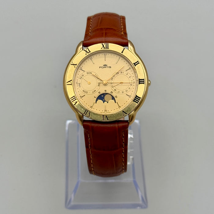 Fortis Daydate Moonphase orologio quarzo placcato oro 34mm Swiss 1990 ca