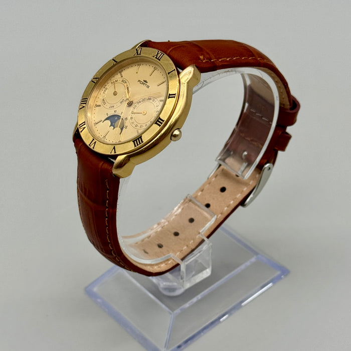 Fortis Daydate Moonphase orologio quarzo placcato oro 34mm Swiss 1990 ca