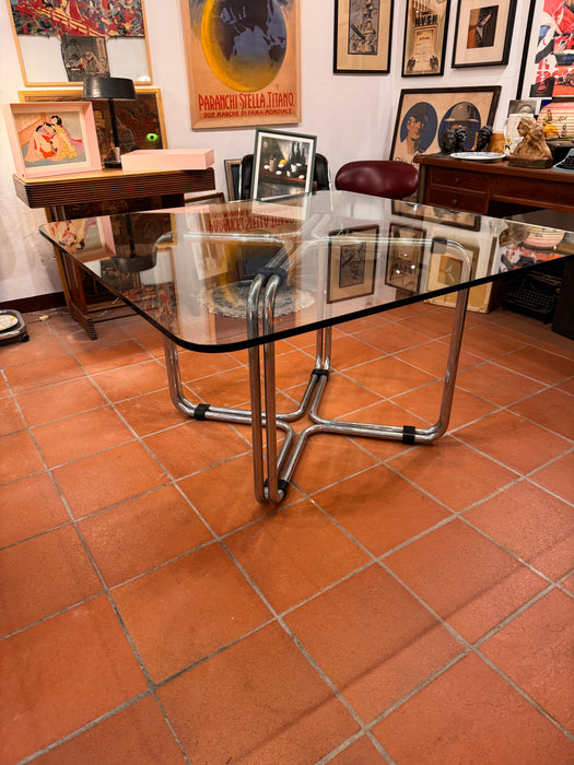 Tavolo quadrato acciaio e vetro design Italia 1970 ca