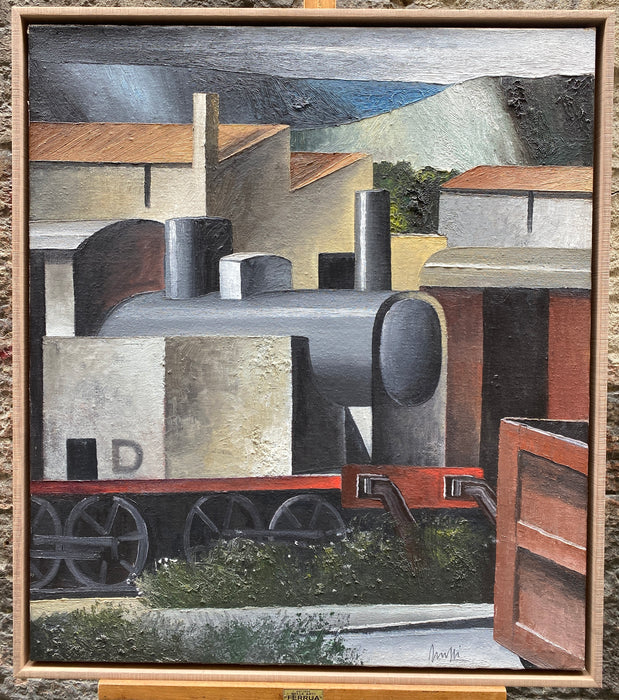 Marcello Scuffi - "Deposito di vecchi treni" - olio su tela - 1991