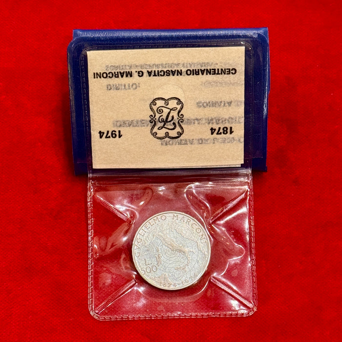 Moneta 500 Lire argento Guglielmo Marconi Repubblica Italiana fdc 1974