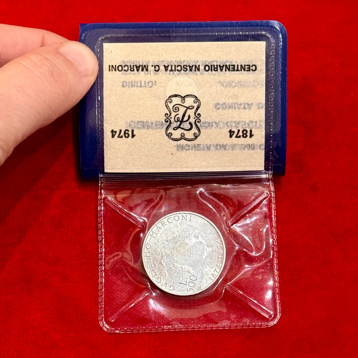 Moneta 500 Lire argento Guglielmo Marconi Repubblica Italiana fdc 1974