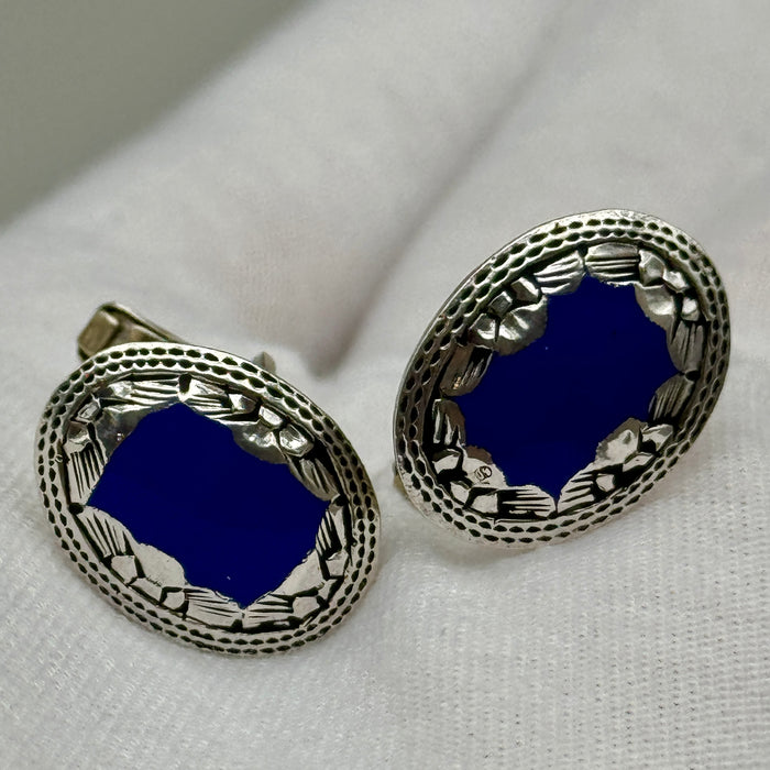 Gemelli uomo ovali camicia argento 800 e resina blu Italia 1990 ca