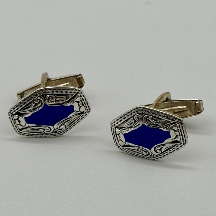 Gemelli uomo esagonali camicia argento 800 e resina blu Italia 1990 ca