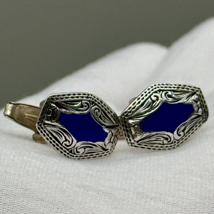 Gemelli uomo esagonali camicia argento 800 e resina blu Italia 1990 ca