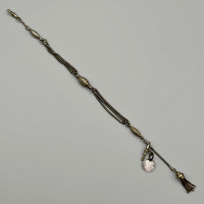Catena orologio tasca argento e moneta Vittoriana Regno Unito fine XIX sec.