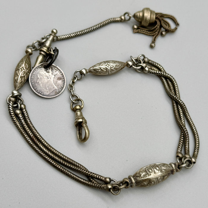 Catena orologio tasca argento e moneta Vittoriana Regno Unito fine XIX sec.