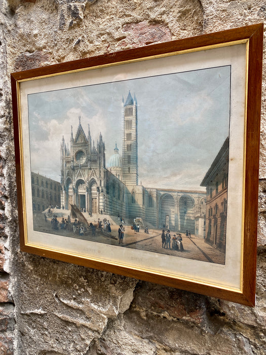 Siena veduta generale del Duomo incisione acquarellata Laurent Deroy Lemercier Paris 1850 ca