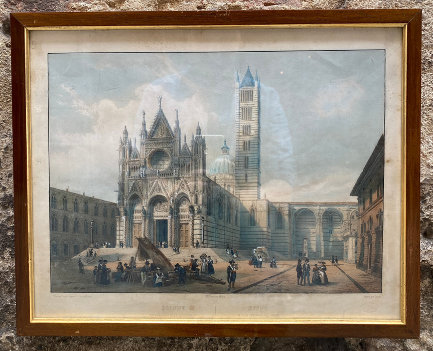 Siena veduta generale del Duomo incisione acquarellata Laurent Deroy Lemercier Paris 1850 ca