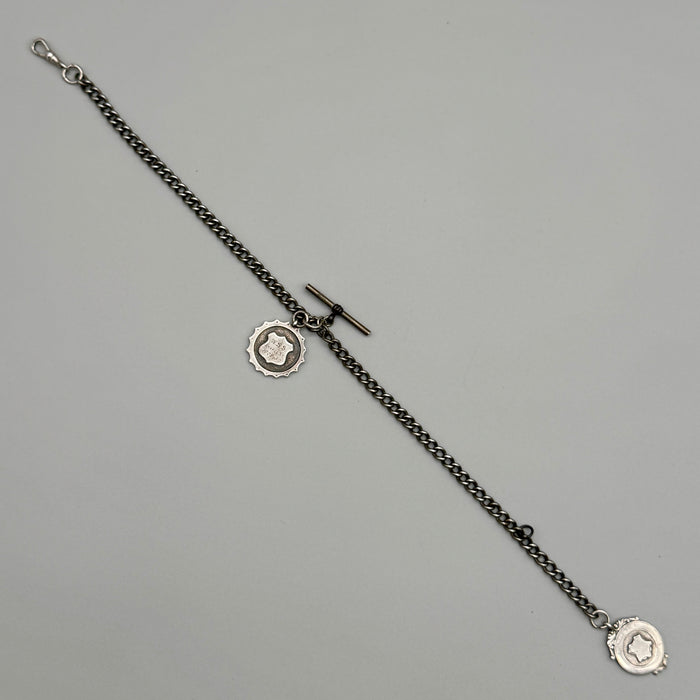 Catena orologio tasca argento con doppia medaglia nominale Regno Unito 1930 ca