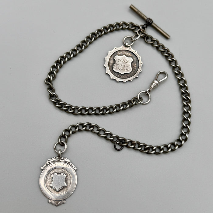 Catena orologio tasca argento con doppia medaglia nominale Regno Unito 1930 ca