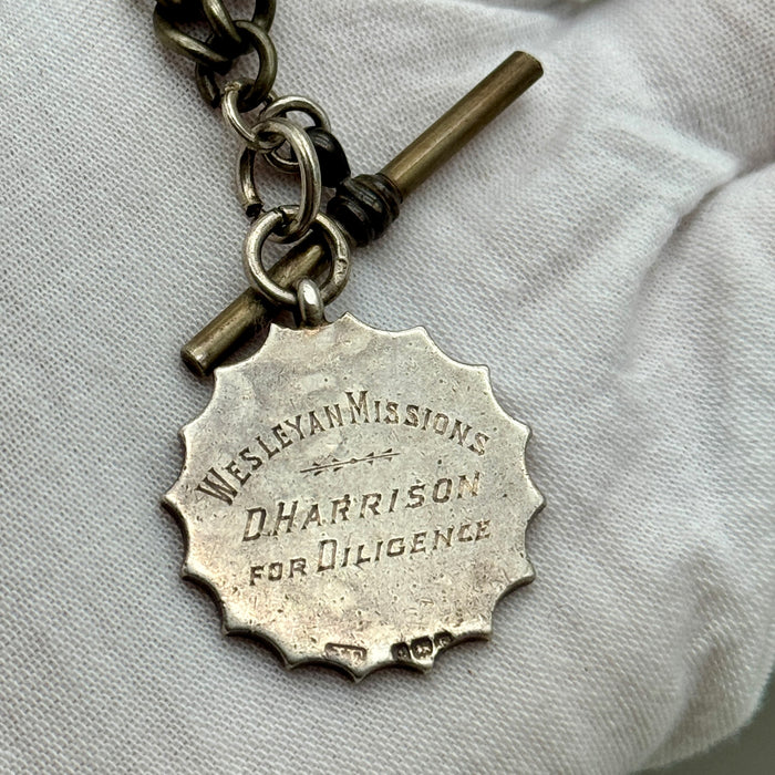 Catena orologio tasca argento con doppia medaglia nominale Regno Unito 1930 ca