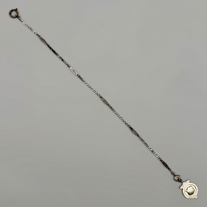 Catena orologio tasca argento con medaglie larghe art deco e medaglia Italia 1930 ca
