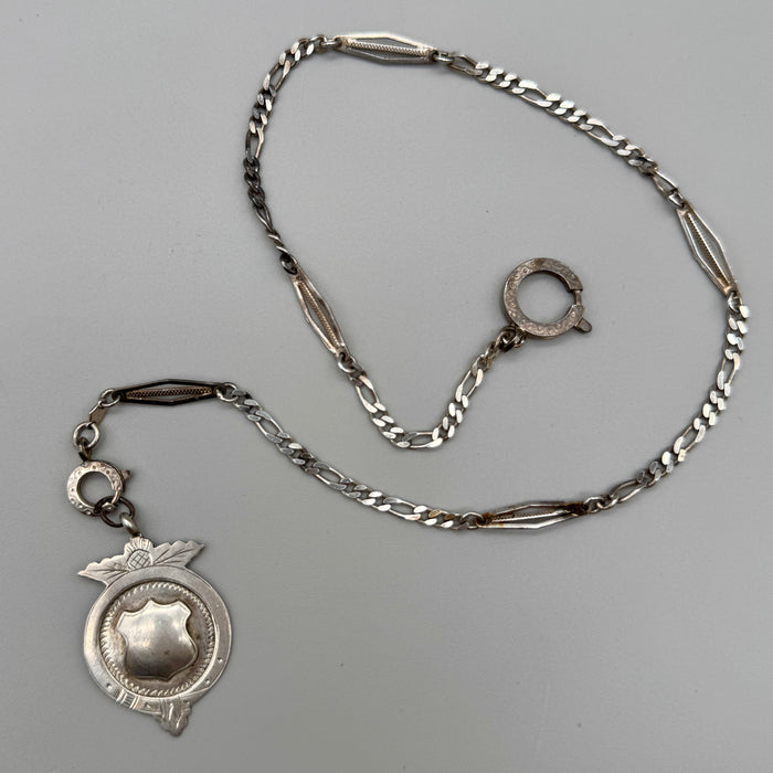 Catena orologio tasca argento con medaglie larghe art deco e medaglia Italia 1930 ca