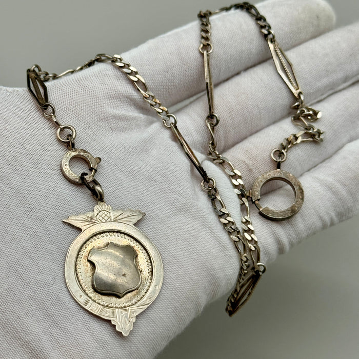 Catena orologio tasca argento con medaglie larghe art deco e medaglia Italia 1930 ca