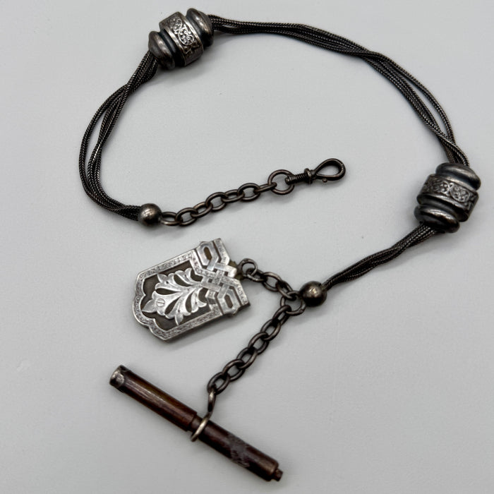 Catena orologio tasca alpacca tre fili e decori Regno Unito fine XIX Sec.