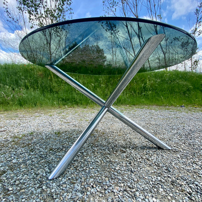 Tavolo Roche Bobois design Renato Zevi acciaio e vetro 1970 ca