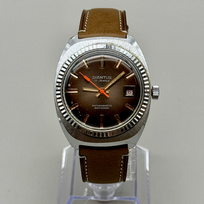 Diantus 17 jewels orologio da polso acciaio manuale quadrante brown Swiss 1970 ca