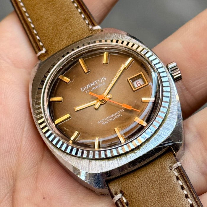 Diantus 17 jewels orologio da polso acciaio manuale quadrante brown Swiss 1970 ca