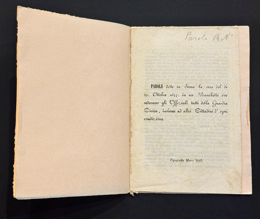"Parole dette in Siena Ufficiali Guardia Civica" libretto Tipografia Mucci Siena 1847