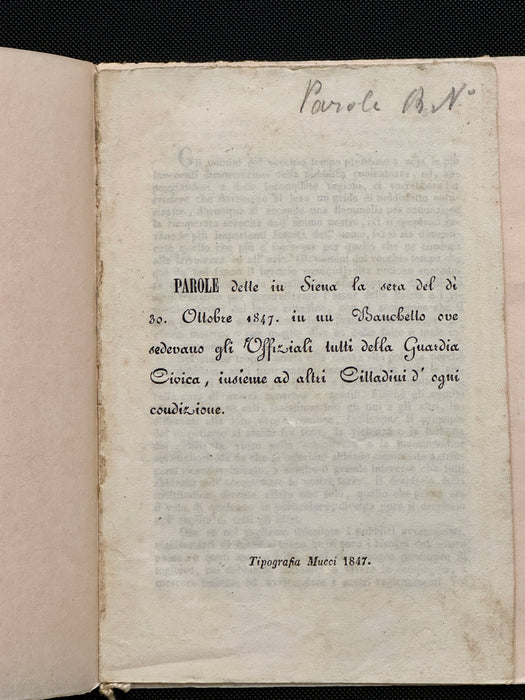 "Parole dette in Siena Ufficiali Guardia Civica" libretto Tipografia Mucci Siena 1847