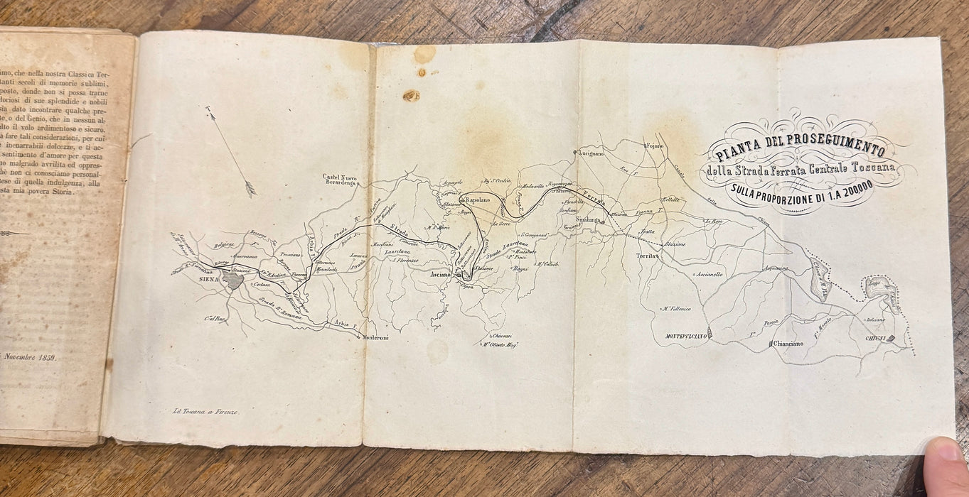 "Guida del viaggiatore Strada Ferrata Siena Sinalunga Giovacchino Losi" libro Tipografia Sordo Muti con carta topografica Siena 1860