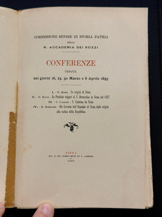 "Conferenze Accademia dei Rozzi Origine di Siena" libro Tipografia Sordo Muti Siena 1895