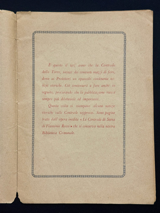 "Note storiche sulle Contrade Soppresse" libretto Contrada della Torre Siena 29 Luglio 1888