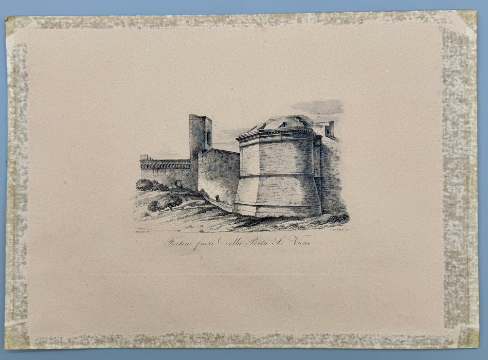 Incisione "Fortino fuori dalla Porta S. Viene Siena" A. Romani dis. L. De Vegni Inc. 1845