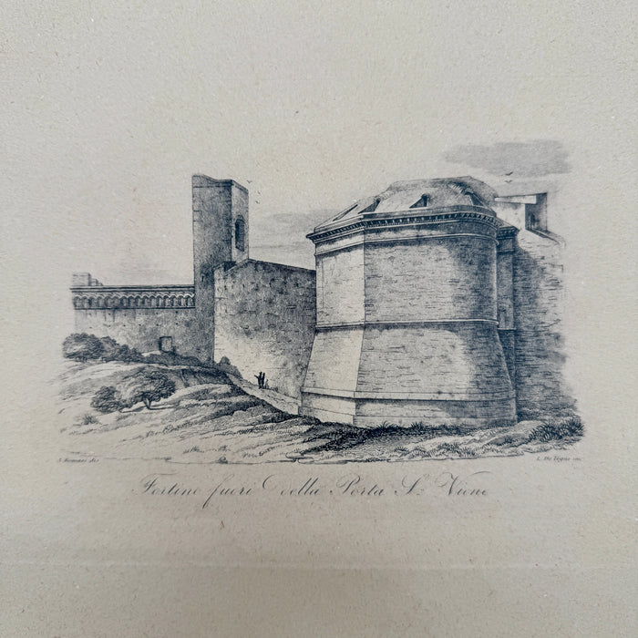 Incisione "Fortino fuori dalla Porta S. Viene Siena" A. Romani dis. L. De Vegni Inc. 1845