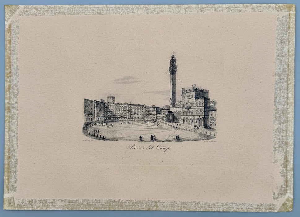 Incisione "Piazza del Campo Siena" A. Romani dis. L. De Vegni Inc. 1845