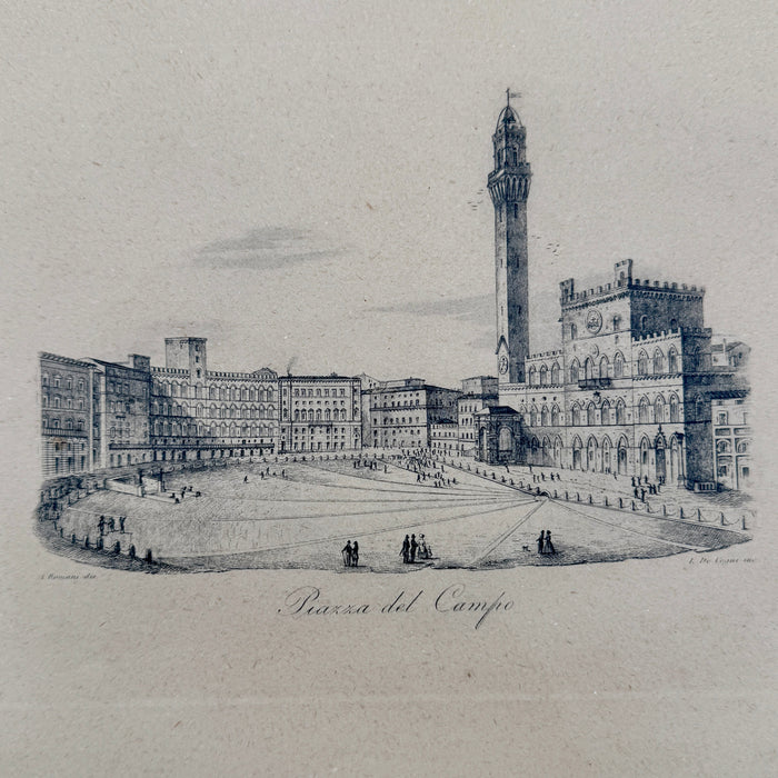 Incisione "Piazza del Campo Siena" A. Romani dis. L. De Vegni Inc. 1845