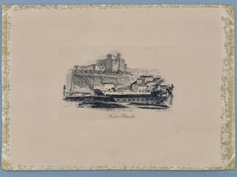 Incisione "Fonte Branda Siena" A. Romani dis. L. De Vegni Inc. 1845