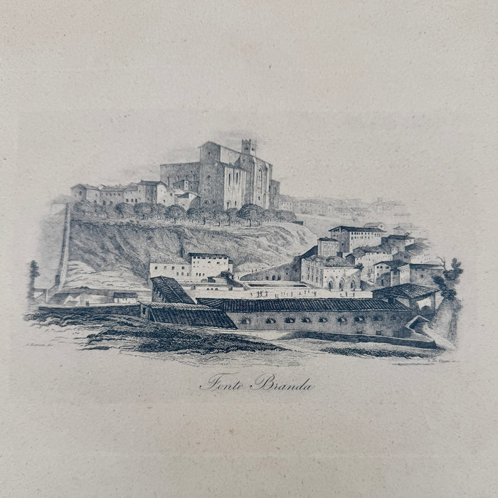 Incisione "Fonte Branda Siena" A. Romani dis. L. De Vegni Inc. 1845