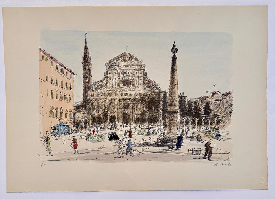 Michele Cascella – “Firenze Santa Maria Novella” – litografia ritoccata ad acquerello P.A. – 1951