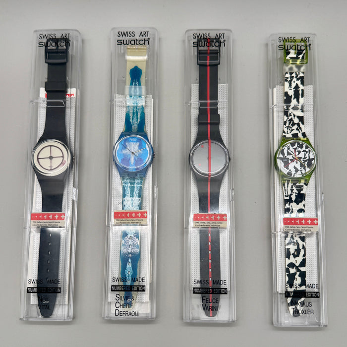 Swatch "Swiss Art Edition 700° Confederazione Elvetica" set completo 4 orologi quarzo 34 mm Swiss 1991