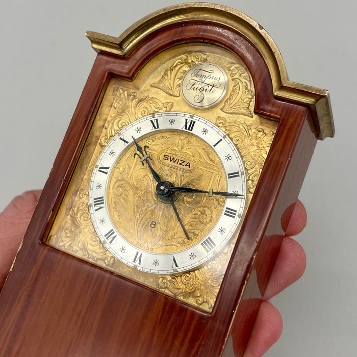 Swiza orologio sveglia da tavolo Tempus Fugit 8 jewels carica manuale Swiss 1970 ca