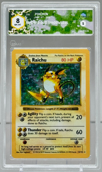 GRAAD 8 Raichu 14/102 ENG Shadowless ENG Base Set Pokemon gradata 1999