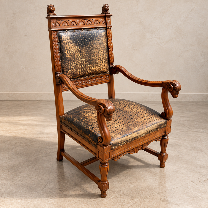 Trono eclettico legno scolpito e pelle decorata centro Italia 1920 ca