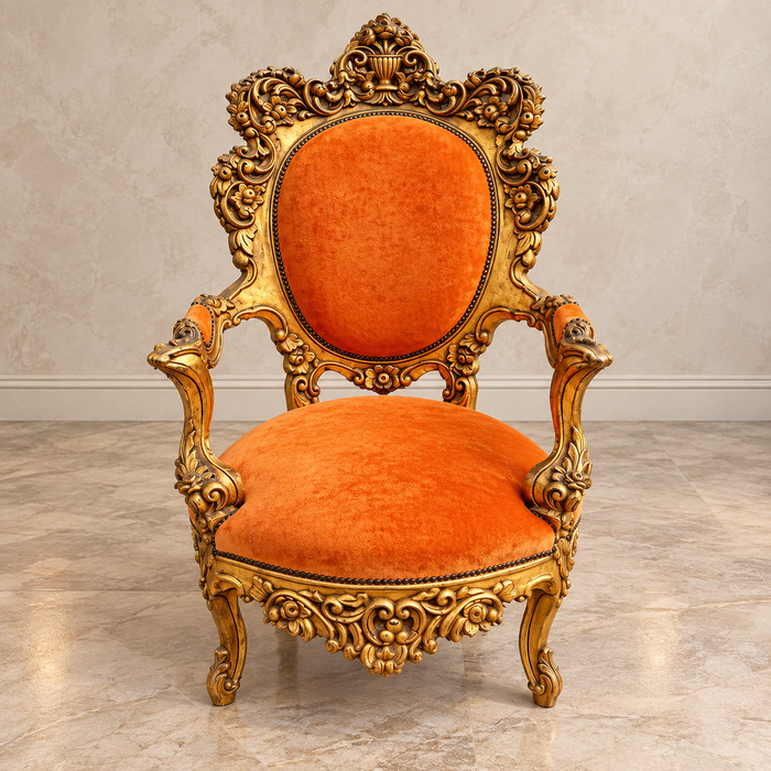Poltrona trono barocco in oro e velluto arancio 1970 ca