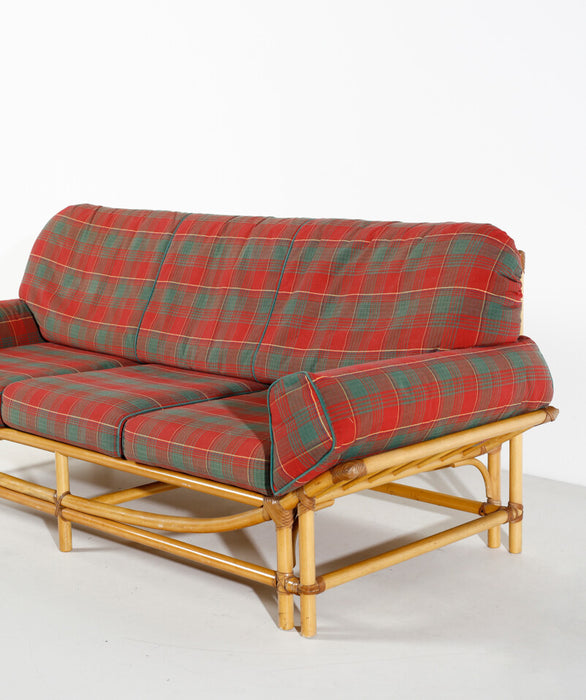 Divano tre posti legno e cuoio vintage Italia 1980 ca