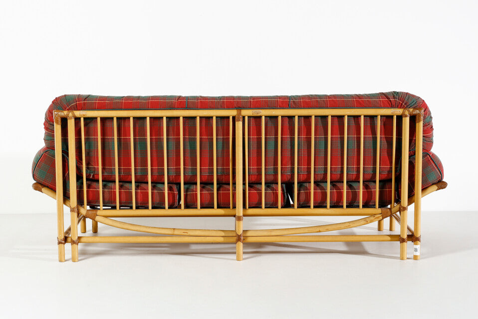 Divano tre posti legno e cuoio vintage Italia 1980 ca