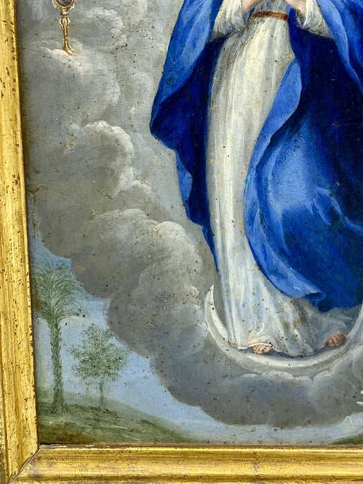 Olio su rame “Immacolata concezione” in cornice oro sud Italia fine XVII secolo