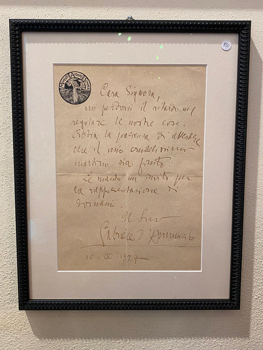 Lettera autografa di Gabriele D’Annunzio dal Vittoriale “Memento Audere Semper” 10.09.1927